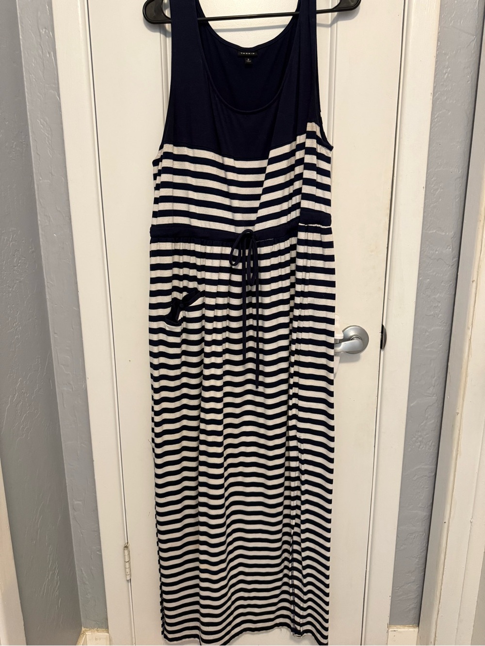 Striped Navy and White Maxi Dress with Drawstring Waist